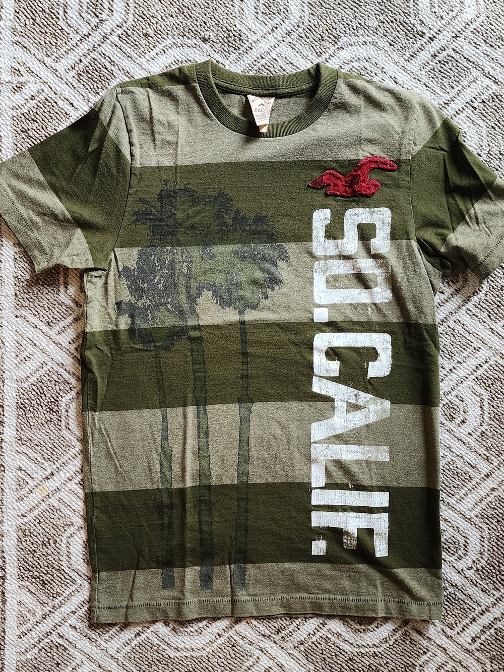 Hollister Olive Green Striped SO CALIF. Graphic Tee with Red Logo